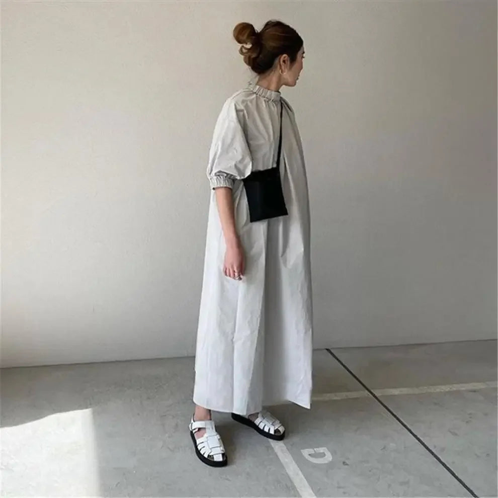 Japanese Style Dress2023 Summer New Women's Clothing Solid Color Stand Collar Dress Loose-Fit Elegant A- Line Long Dress