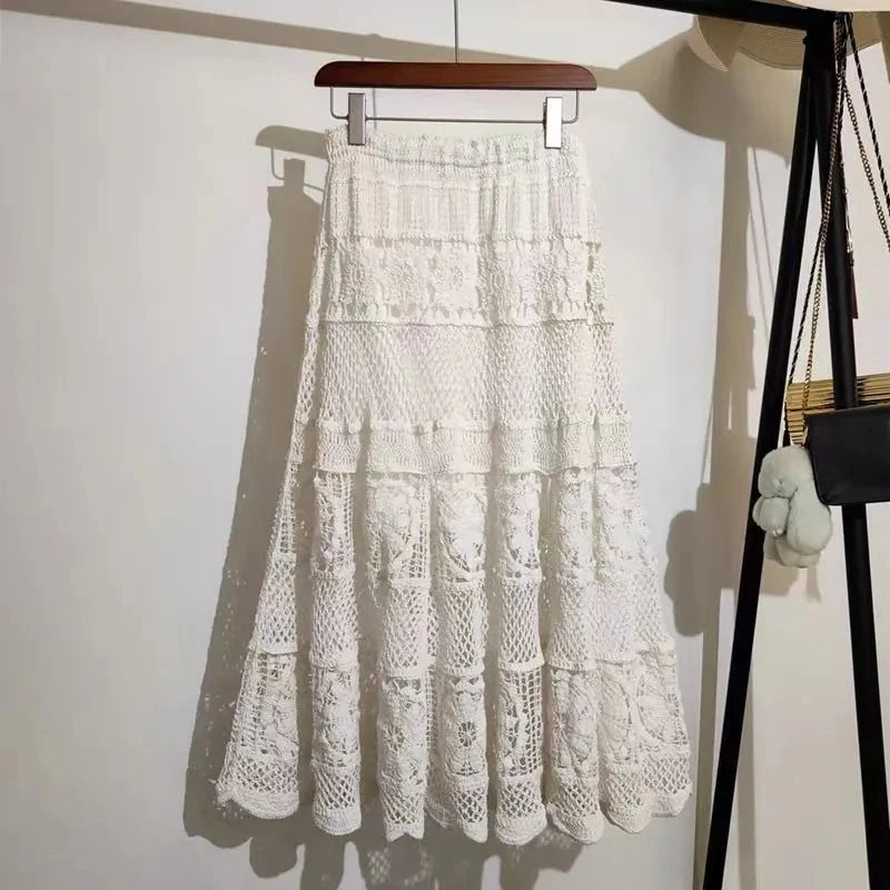Retro Hollow Knitted Crochet Women's Solid Color Skirt 2025 Summer Fashion Lace Patchwork Female High Waisted Skirt
