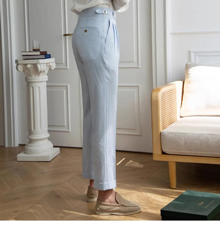 High-end Striped Men's Suit Pants Spring Summer Thin Italian Straight Casual Trousers Blue Paris Buckle Business Trousers