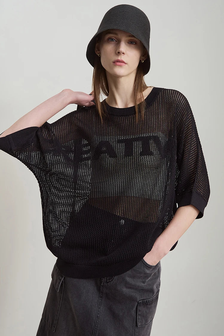 Amii Minimalist Women's Hollowed-out Knitted Pullover 2025 Summer New Half-sleeve Crew Neck Loose Blouse Thin Solid Top 12542139