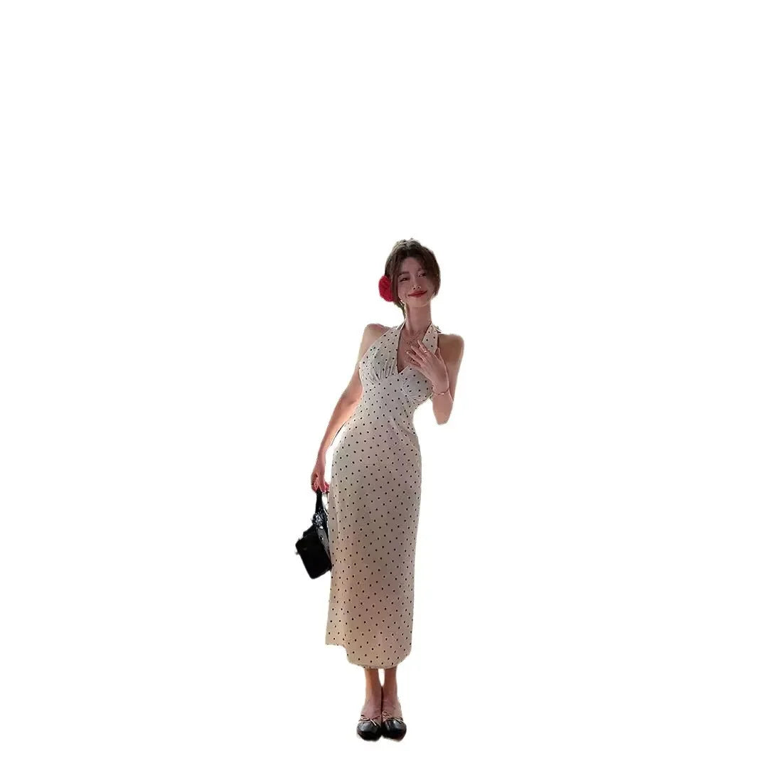 2024 Korean Style Open-back Halter Neck Dress Women's Summer Elegant Long Dress Waist-fitted A- line Skirt Sleeveless