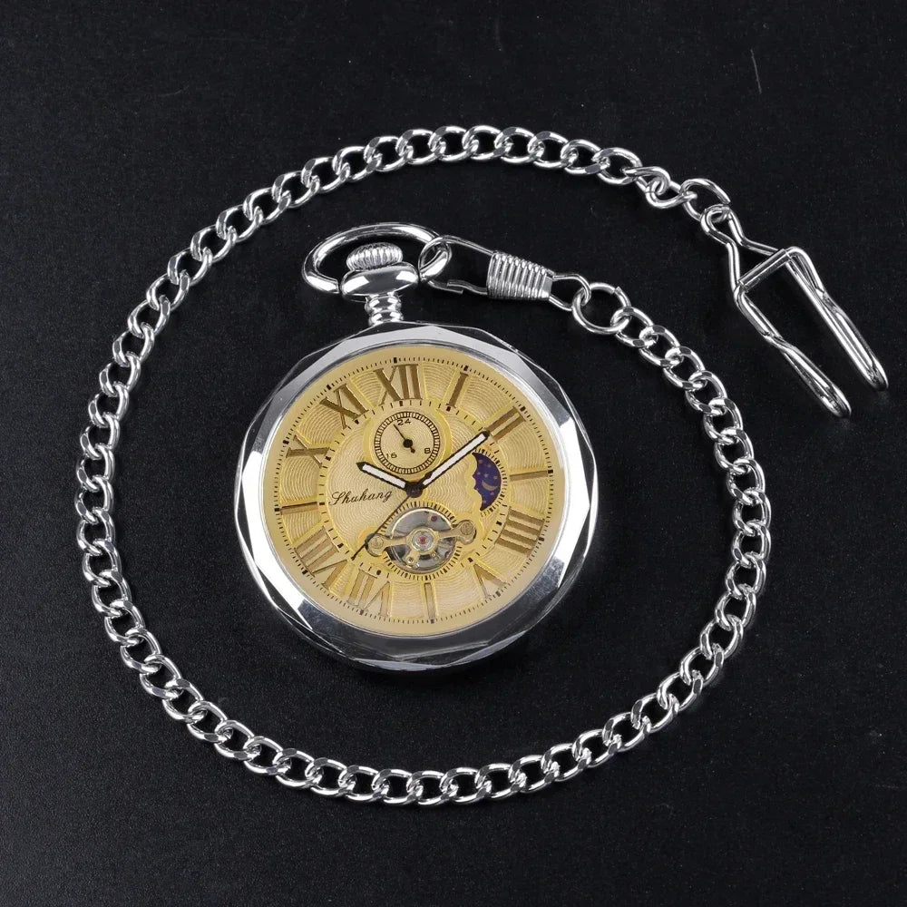 Luxury Gold Moon Phase Without Cover Mechanical Pocket Watch Antique Pendant Pocket Clock High Grade Gifts for Men