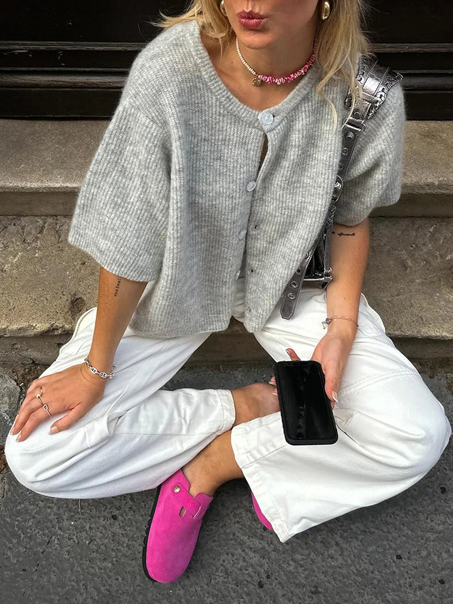 2000s Sweaters y2k Clothes Women Solid Color Round Neck Single Breasted Short Sleeve Cardigan Tops Fashion Streetwear