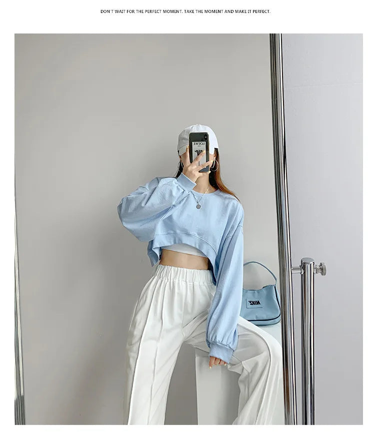 Long Sleeve Crop Top Korean Fashion Solid Loose Y2K T-shirt Woman Autumn Winter Harajuku Sexy Clothes Women Kpop Japanese Tees