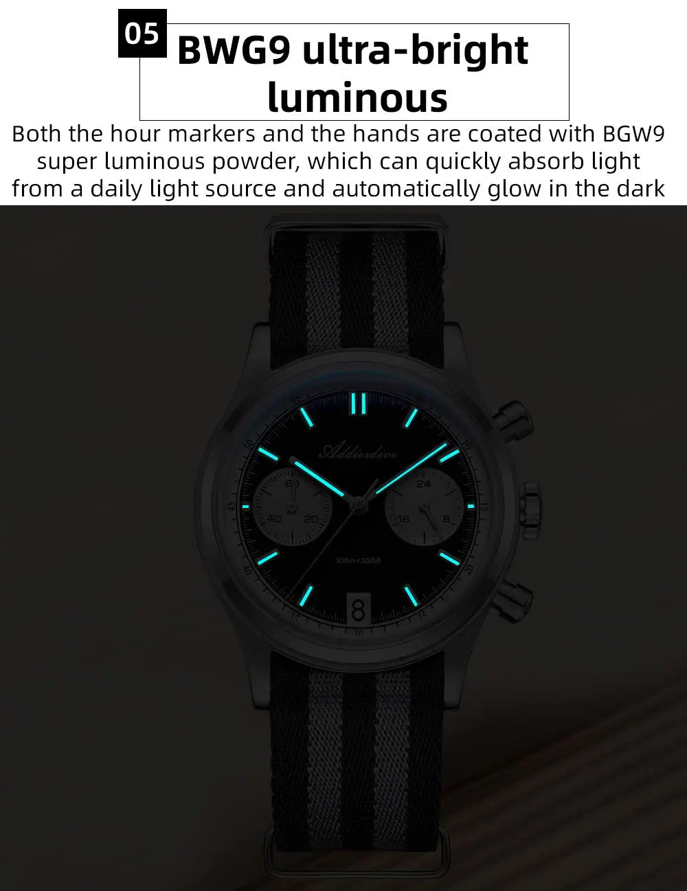 ADDIESDIVE AD2095 Watch of Men 60min Chronograph Quartz Wristwatch Bubble Mirror Glass Luminous Waterproof Men's Watches 38mm
