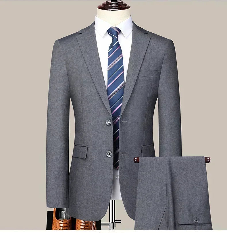 S-8XL New  (Blazer+ Pants) Men's Fashion Business Gentleman Trend Slim-fit Casual Wedding Travel Plus-size Solid Color Suit