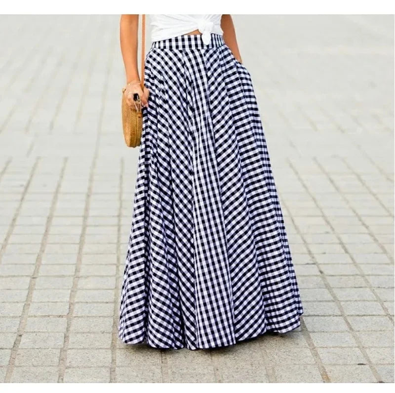 Elegant High-Waisted Long Dress For Women Summer New Arrival Commuting Plaid Big Skirt Wide Leg Design Female Fashion