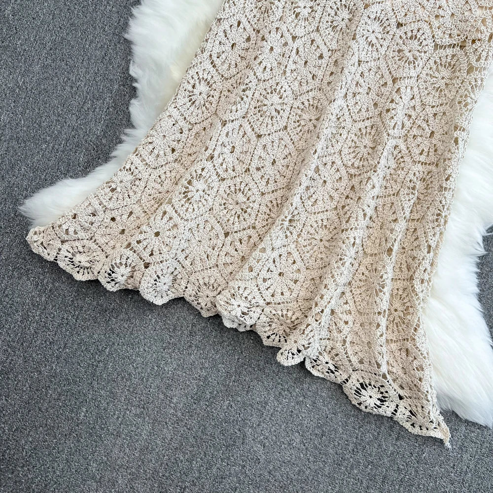 Boho Holiday Long Skirts Women Crochet Hollow Out Female Trumpet Skirt Ladies Elegant Lace Patchwork Summer Skirt Dropshipping