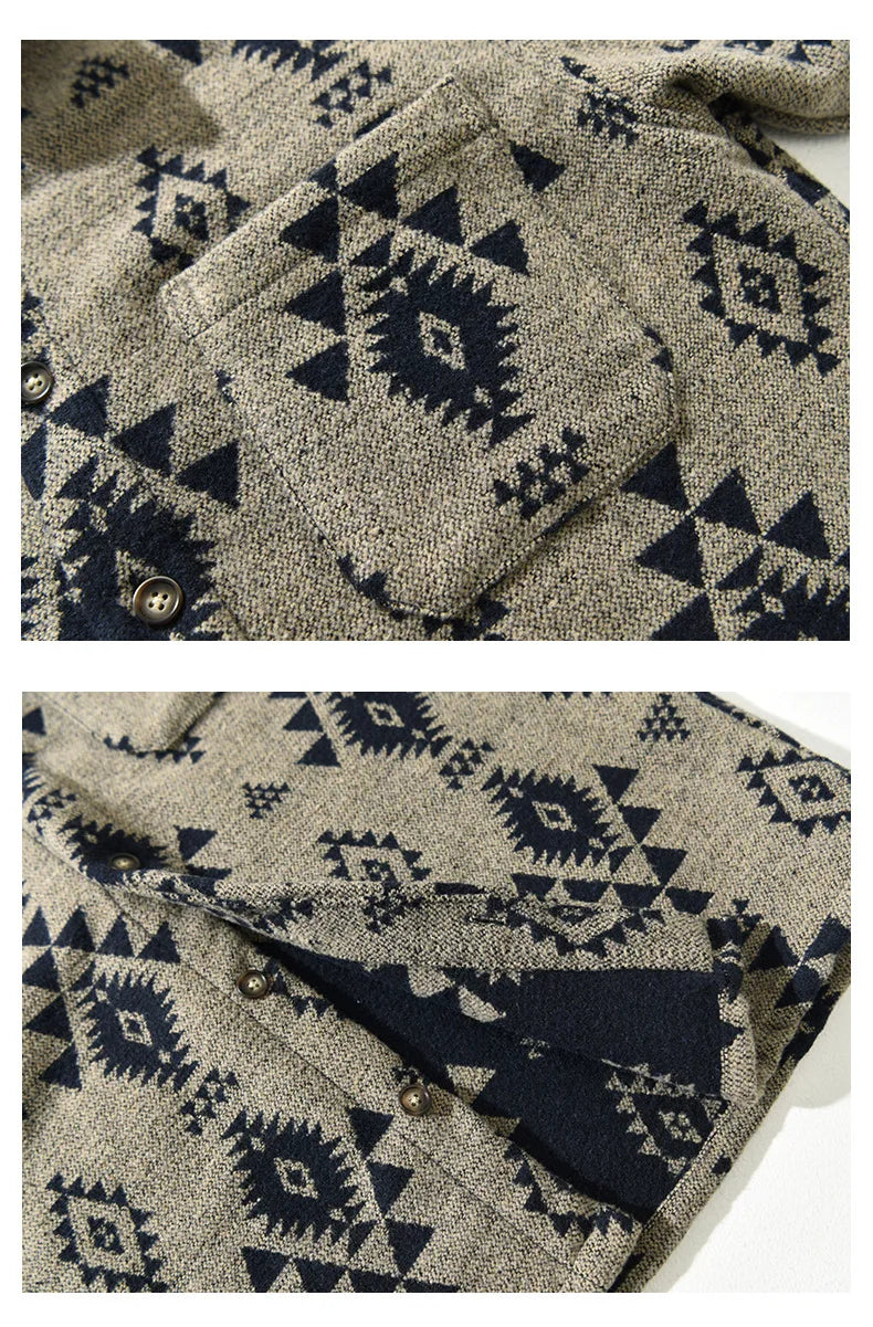 2024 Autumn Winter New Vintage Loose Printed Wool Shirts for Men Clothing Cargo Big Pockets Men Shirts AZT738
