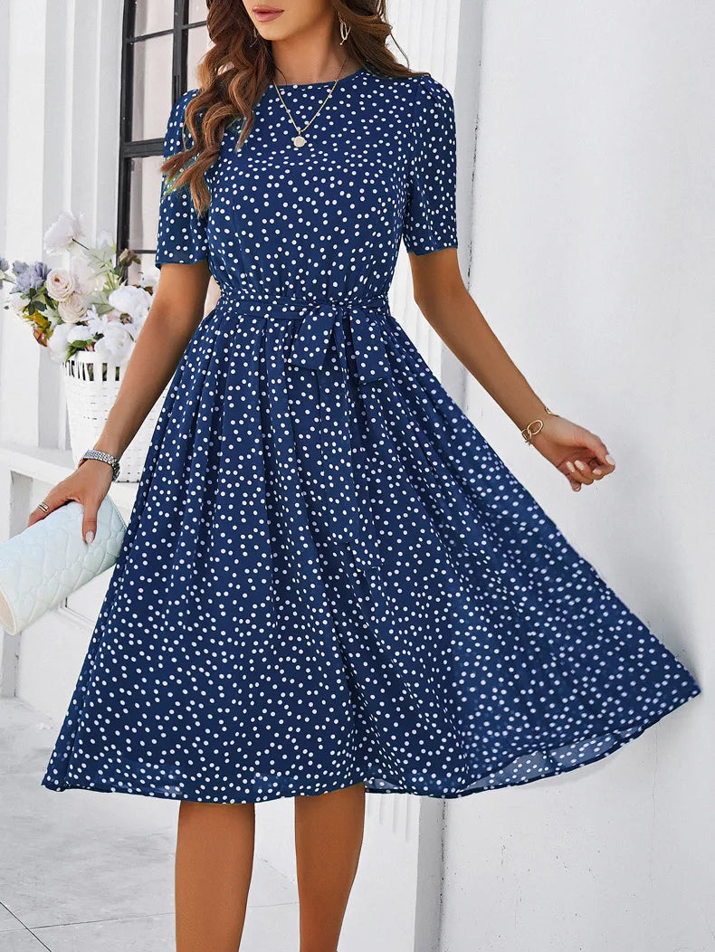 Casual Loose Printed Dot Short Dresses For Women 2025 Fashion Summer Women's A-Line Midi Dress Elegant Vintage Female Dresses