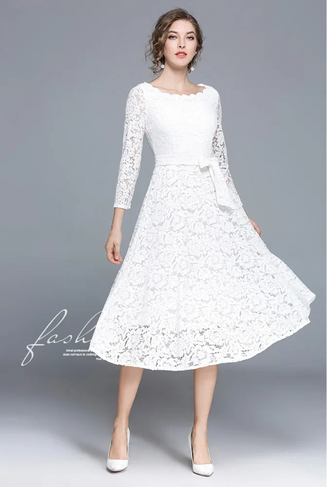 Lace White Prom Dress Women 2023 Summer Autumn Long Sleeve Sexy Slash Neck A Line Midi Party Vestidos Flower Embroidery