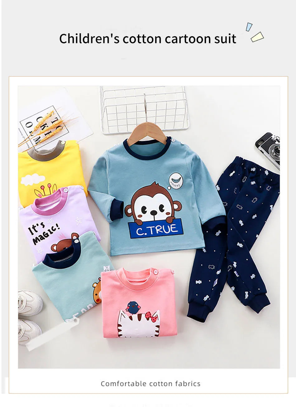 Spring Autumn Sleepwear Kids Comfort Cotton Pajamas Set Durable and Soft Unisex Cartoon Dinosaur for Boy Girl Children Clothes