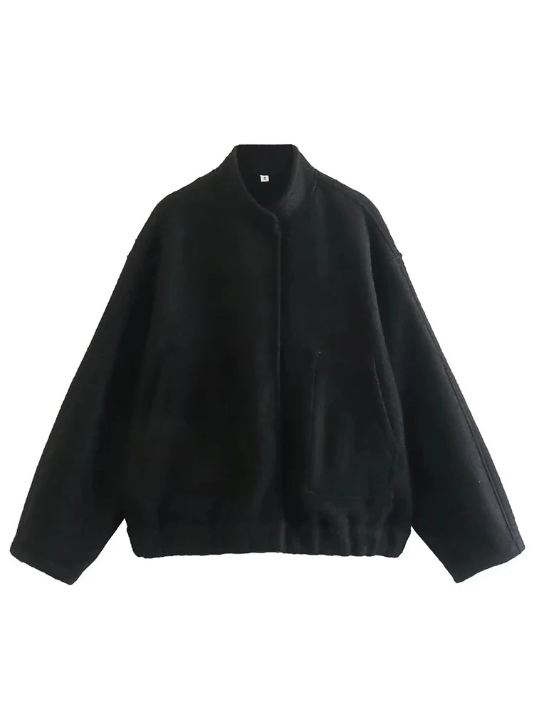 MiuKoMiYa Army Green Short Wool Blend Bomber Jackets For Women Winter Outdoor Women's Woolen Blend Coat Women Loose Wool Jacket