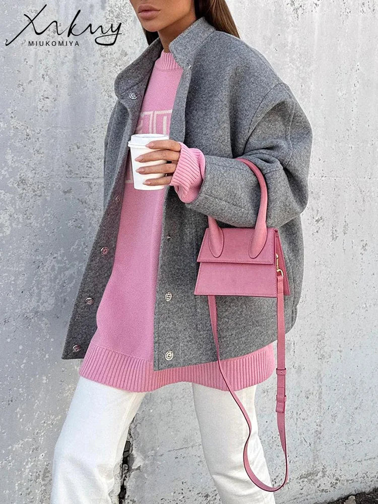 MiuKoMiYa Army Green Short Wool Blend Bomber Jackets For Women Winter Outdoor Women's Woolen Blend Coat Women Loose Wool Jacket