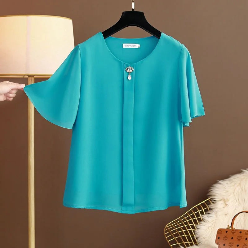Women Blouse And Tops Summer Short Sleeve Chiffon T-shirt Middle Age Female Fashion Pullover Tshirts Shirts Large Size L-6XL