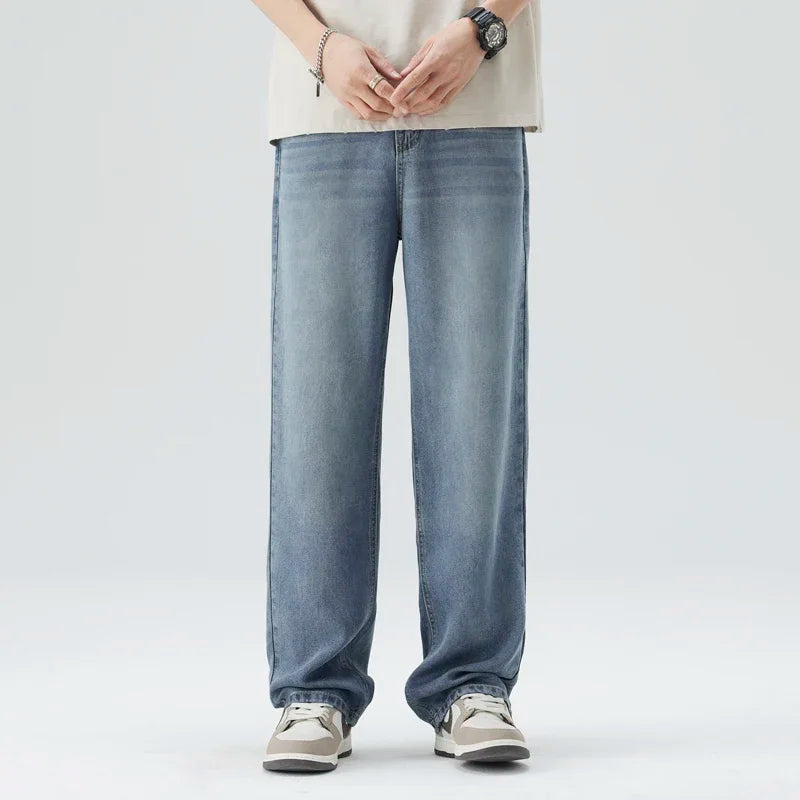 Spring Summer Thin Men's Loose Jeans Lyocell Draped Soft Fashion Loose Pants Streetswear Vintage Straight Y2K Denim Trousers