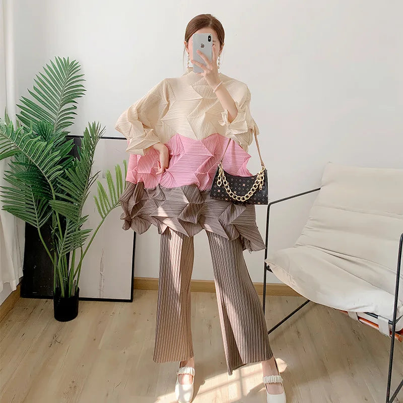 Miyake Diamond Pleated Two Piece Set Women Winter Outfits Elegant Causal Batwing Long Sleeve Three Colour Tos Straight Pants