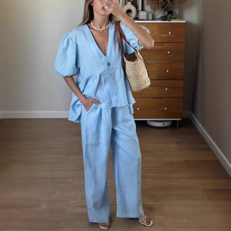 Summer Casual Cotton 2 Piece Set Women Outfit Deep V Neck Short Puff Sleeve Pullover Top Long Trousers Loose Lady Two Piece Suit