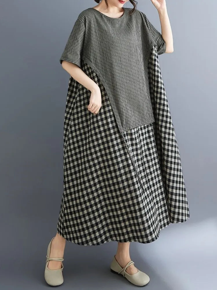 Short sleeve oversized vintage plaid patchwork new in dresses for women casual loose long summer dress elegant clothing 2025