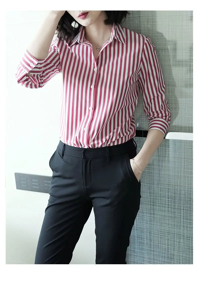 Women's Clothing Commute Striped Shirt 2025 New Spring Autumn Long Sleeve Fashion Single-breasted Casual Turn-down Collar Blouse