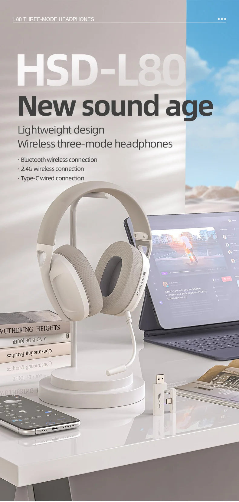 SMAILWOLF L80 Bluetooth wireless wired three-mode gaming headset laptop home lightweight headset with microphone