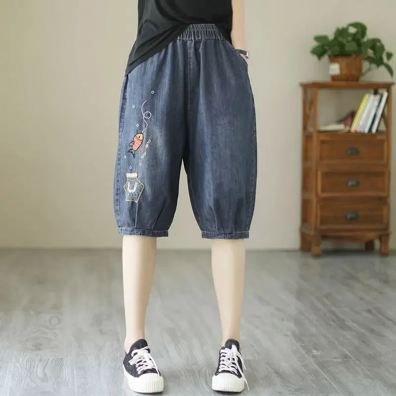 Vintage Jeans Shorts Women Summer Floral Embroidery Elastic High Waist Denim Shorts Design Wide Leg Trousers Blue Black Shorts