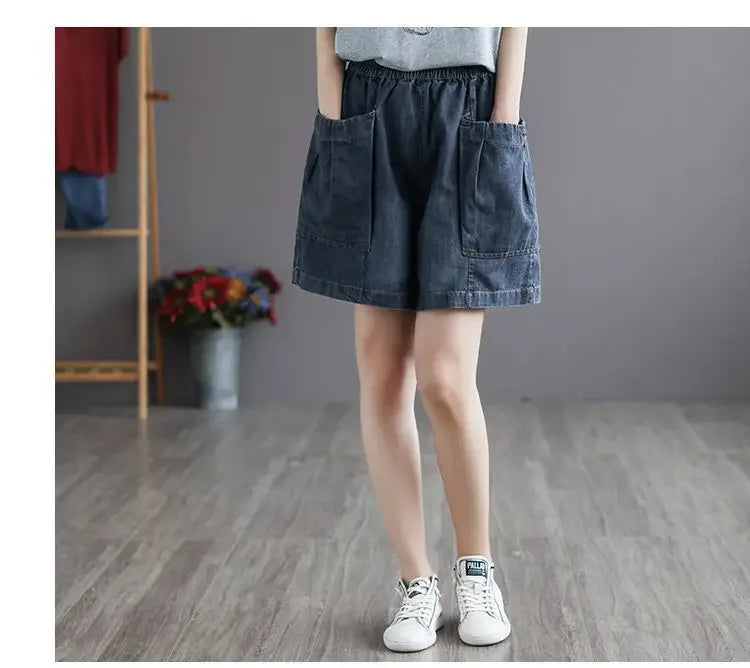 Vintage Jeans Shorts Women Summer Floral Embroidery Elastic High Waist Denim Shorts Design Wide Leg Trousers Blue Black Shorts