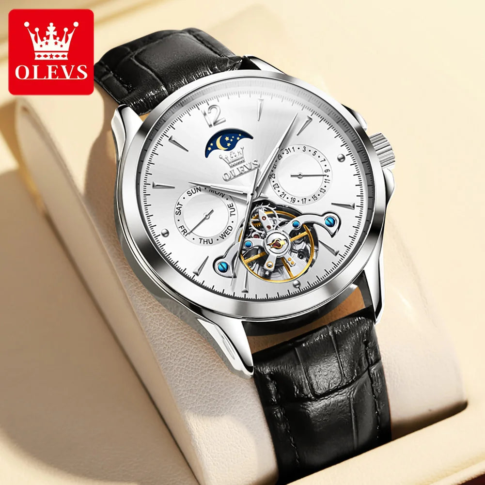 OLEVS 6663 Mens Watch Original Mechanical Watch Tourbillon Waterproof Luminous Leather Strap Moon Phase Day-Date Watch With Box