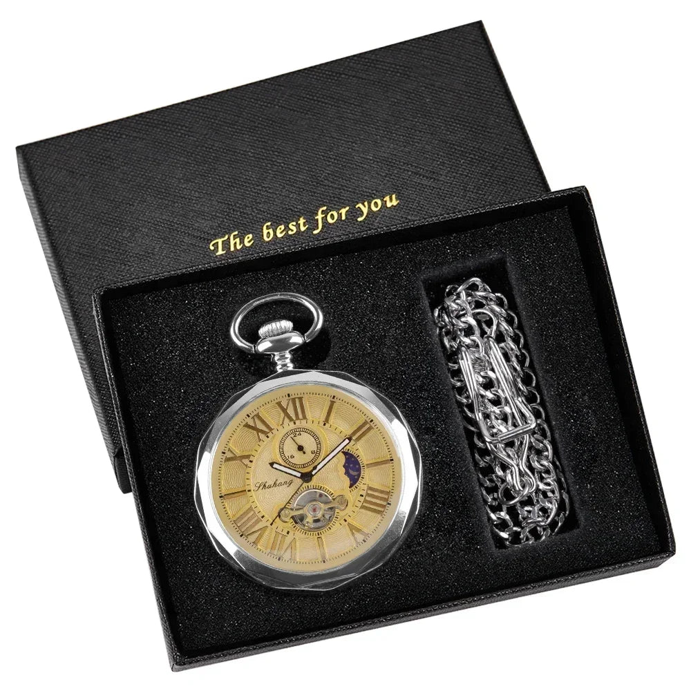 Luxury Gold Moon Phase Without Cover Mechanical Pocket Watch Antique Pendant Pocket Clock High Grade Gifts for Men