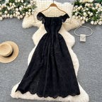 SINGREINY Chic Embroidery Hollow Out Dress Ruffles Splice Off Shoulder Elastic Ruched Slim 2025 Solid Gentle Vacation Long Dress