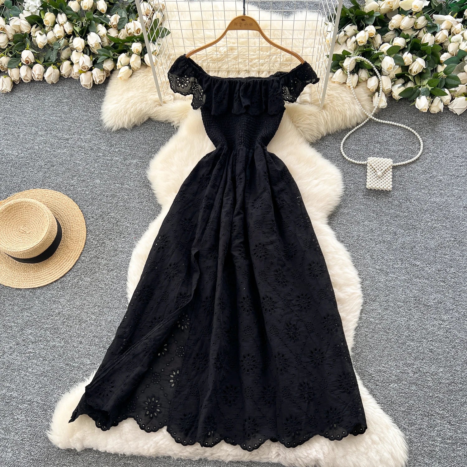 SINGREINY Chic Embroidery Hollow Out Dress Ruffles Splice Off Shoulder Elastic Ruched Slim 2025 Solid Gentle Vacation Long Dress
