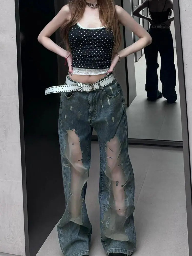 American Hot Girl Retro Washing Ripped Jeans for Women Summer Design Hollow 2000s Clothes Y2k Pants Baggy Harajuku Fashion Pant