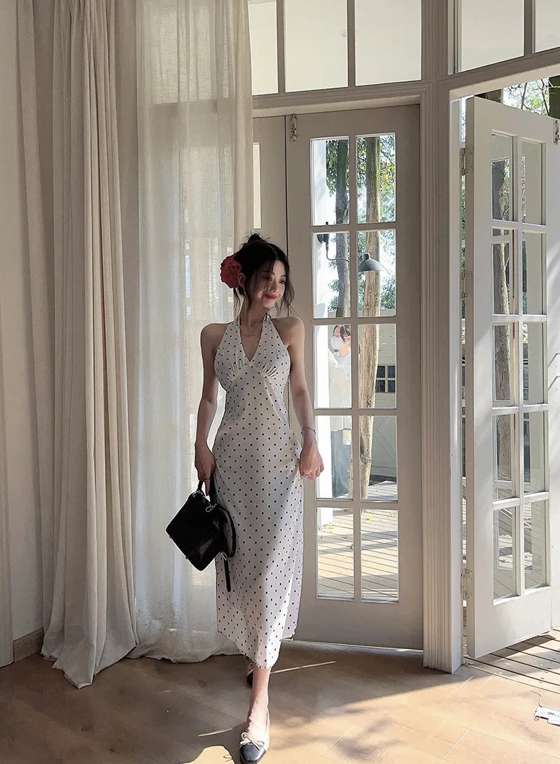 2024 Korean Style Open-back Halter Neck Dress Women's Summer Elegant Long Dress Waist-fitted A- line Skirt Sleeveless