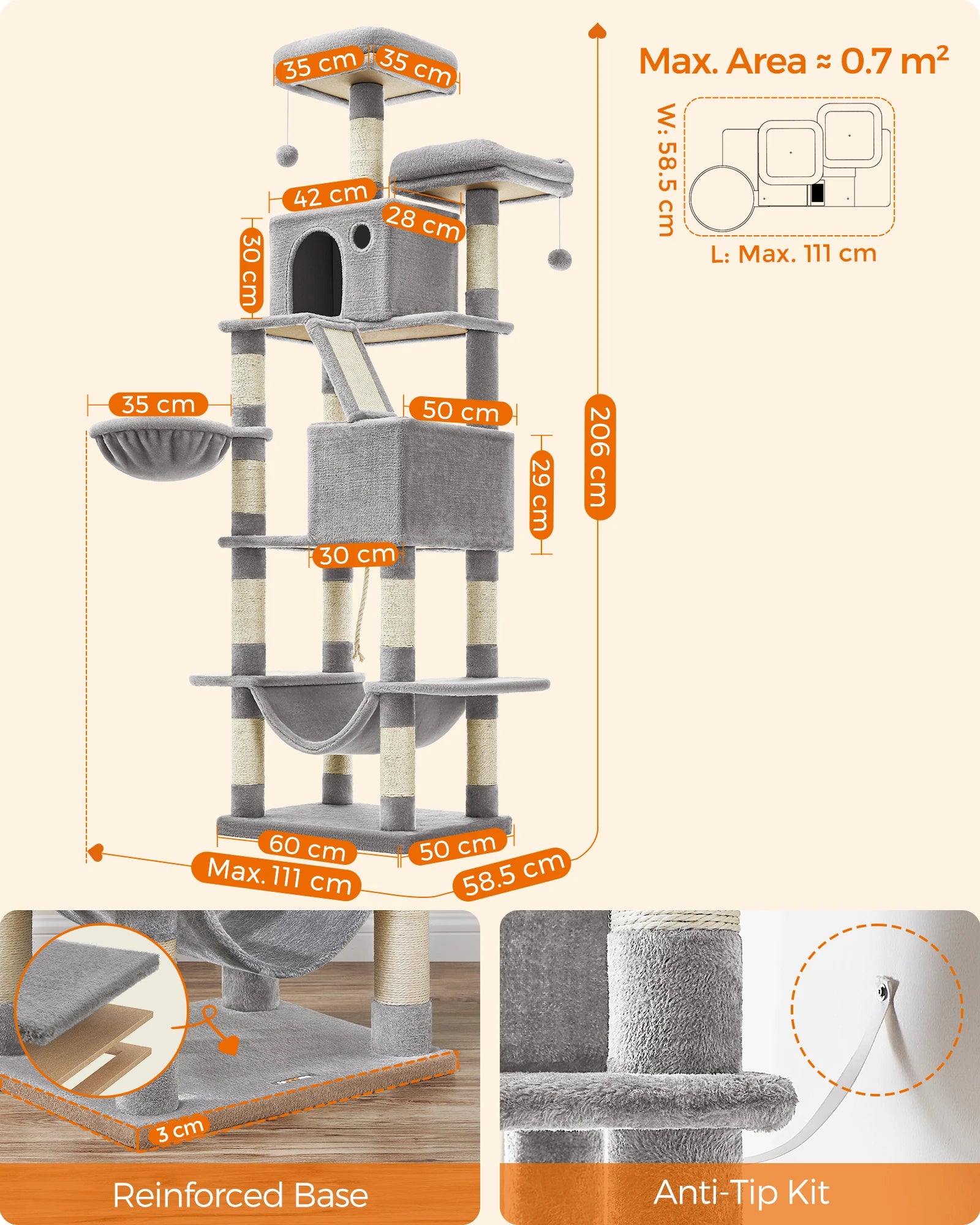 Feandrea Cat Tree, Height 206 cm, with 13 Scratching Posts, 2 Platform, 2 Kennels, Basket, Hammock, Pompom