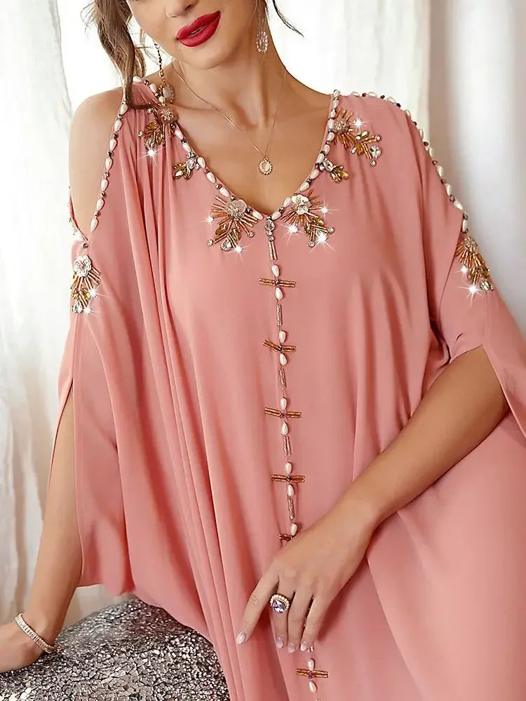 Ramadan Eid Party Dress Morocco Kaftan Off Shoulder Pink Diamond Beads Dubai Abaya Long Dress Abayas for Women Robe Musulmane