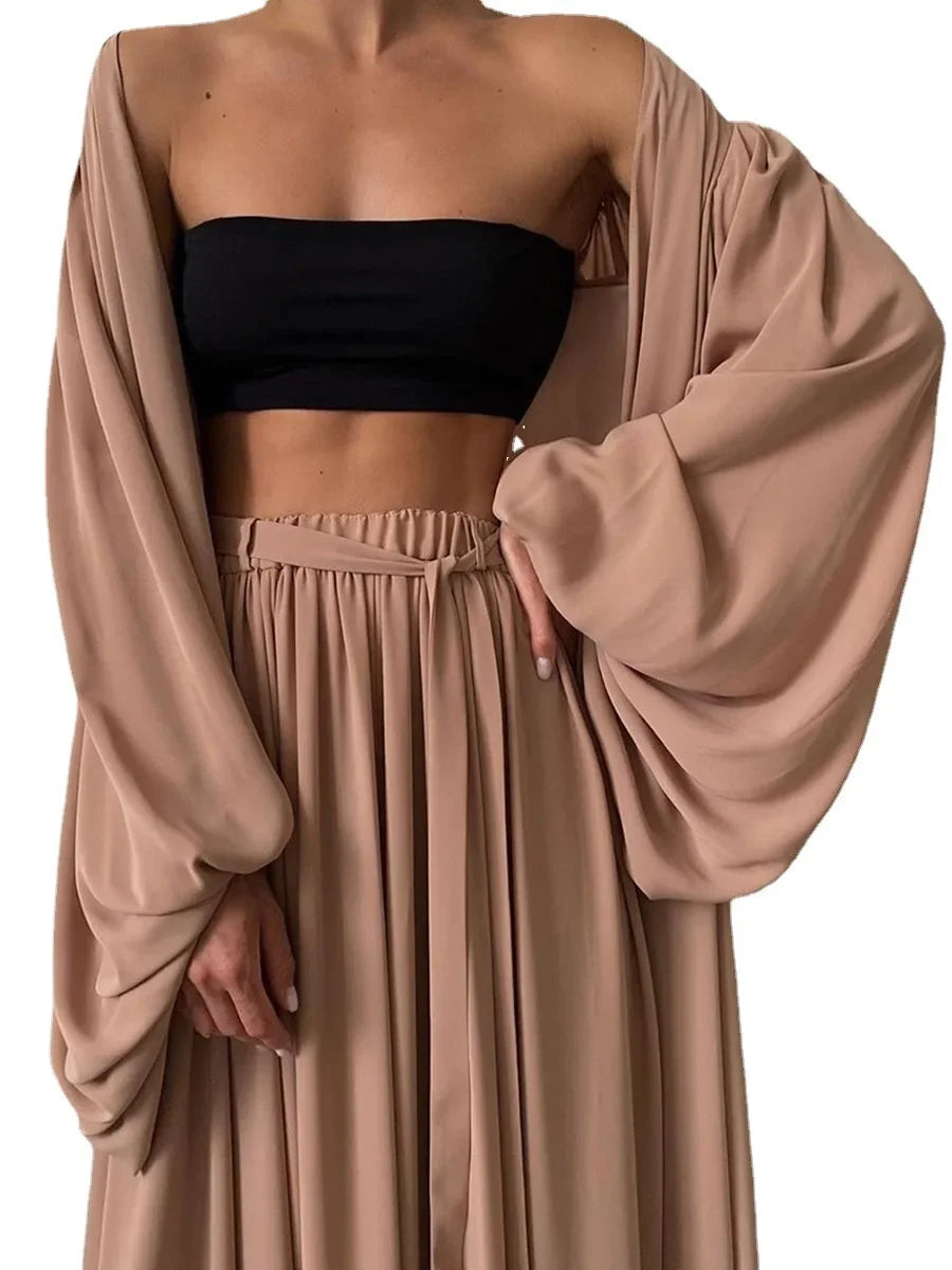 Spring Summer Women's 3pcs Suit Sexy Puff Sleeve Jacket Ladies Temperamental Commute Wide Leg Trousers Fashion Sets 2025 New