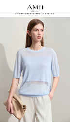 Amii Minimalism 2024 Knit Sweater Women Summer New Solid O-Neck Loose Short-sleeved Wool Casual Patchwork Chic Tops 12422028