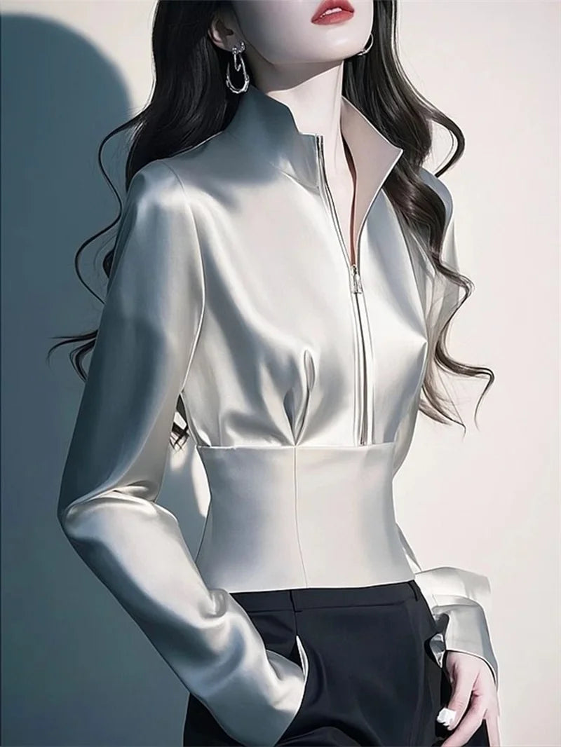 Luxury Satin Shirt Women's Spring Summer New Coat Unique Beautiful Waist Jacket French High-Grade Outerwear Female Overcoat Tops