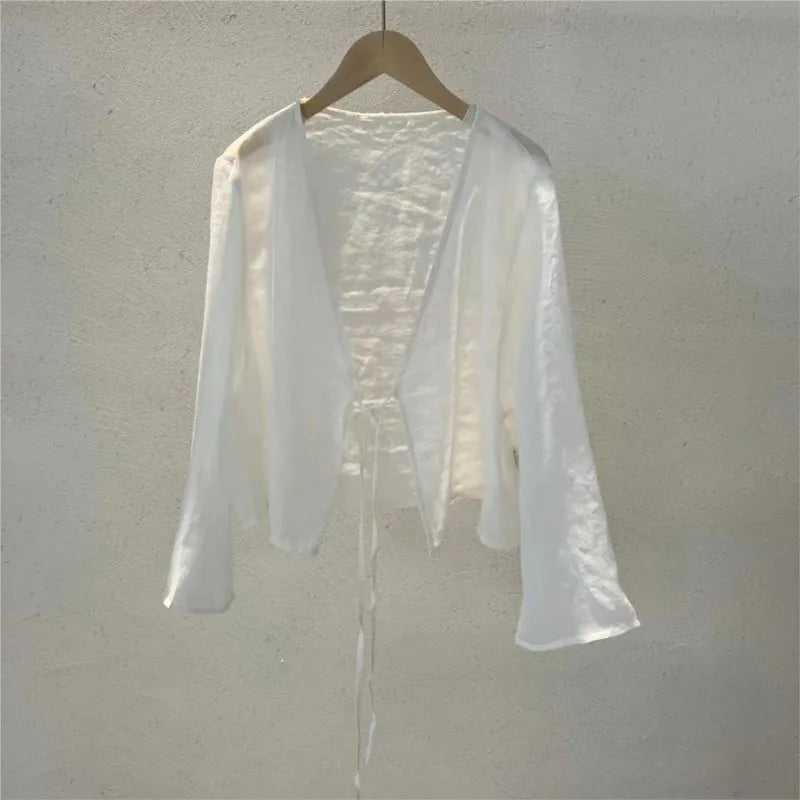 Johnature Original Vintage Chinese Style Linen Frenulum Shirt 2024 Summer Woman New V-Neck Long Sleeves Design Casual Shirt