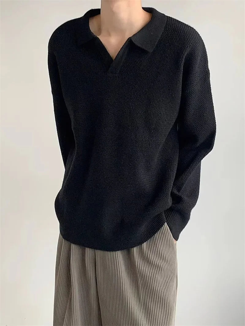 Korean Fashion V-neck Pullover Sweater Men's Casual Long Sleeve Knitted Polo Shirts Y2K Vintage Lapel Knitwear jersey hombre