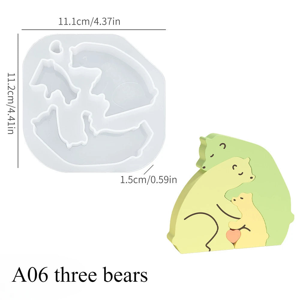 Dogs Family Puzzles Clay Silicone Mold Cat Bear Elephant Gypsum Plaster Mould Animal Craft Ornament Cement Concrete Resin Mold