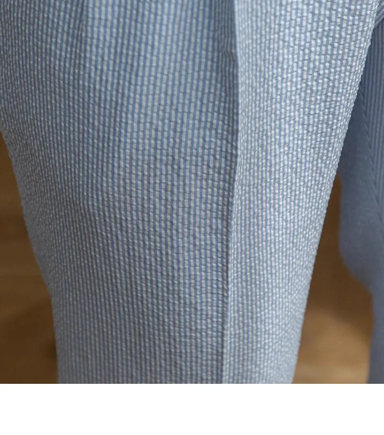 High-end Striped Men's Suit Pants Spring Summer Thin Italian Straight Casual Trousers Blue Paris Buckle Business Trousers