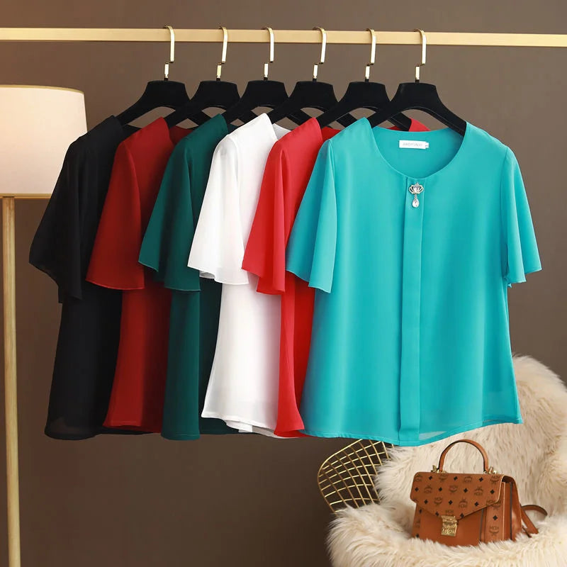 Women Blouse And Tops Summer Short Sleeve Chiffon T-shirt Middle Age Female Fashion Pullover Tshirts Shirts Large Size L-6XL