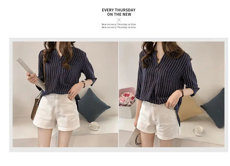 Office Lady Women's Clothing Fashion Casual Striped Loose Three Quarter Sleeve Summer Thin Simplicity Round Neck Button Blouses