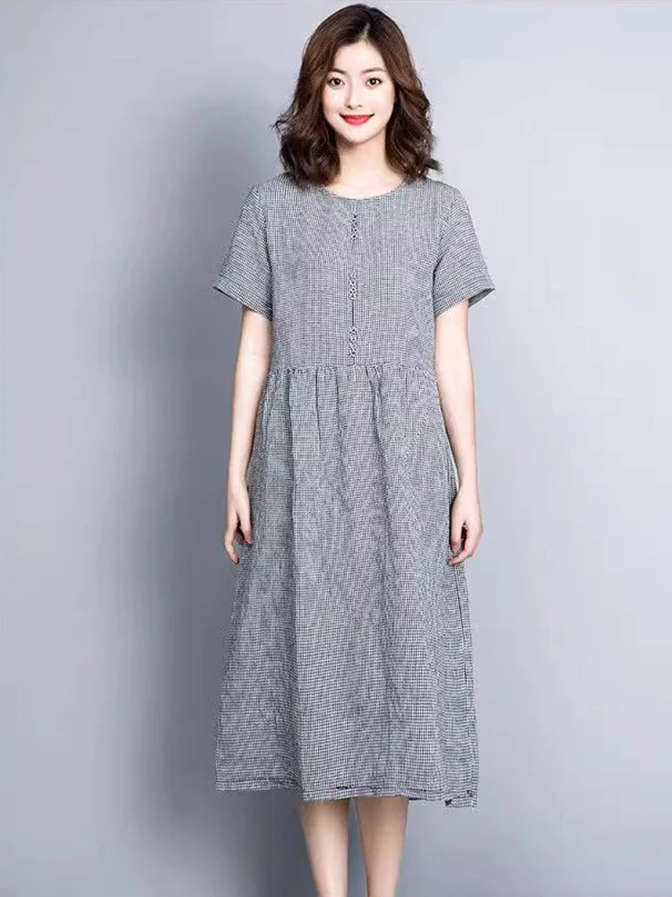 Vintage Plaid Cotton Dresses for Women 2025 New Summer Classical Ladies Midi Dress Elegant Literary Casual Loose Daily Dresses
