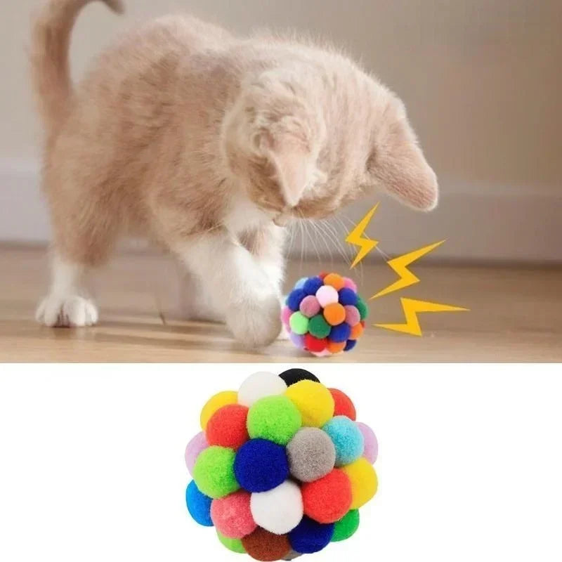 Pet Toy Cat Toys Cat Plush Ball Toys Pet Bouncy Bell Ball Toy Colorful Pompoms Pet Supplies Random Color