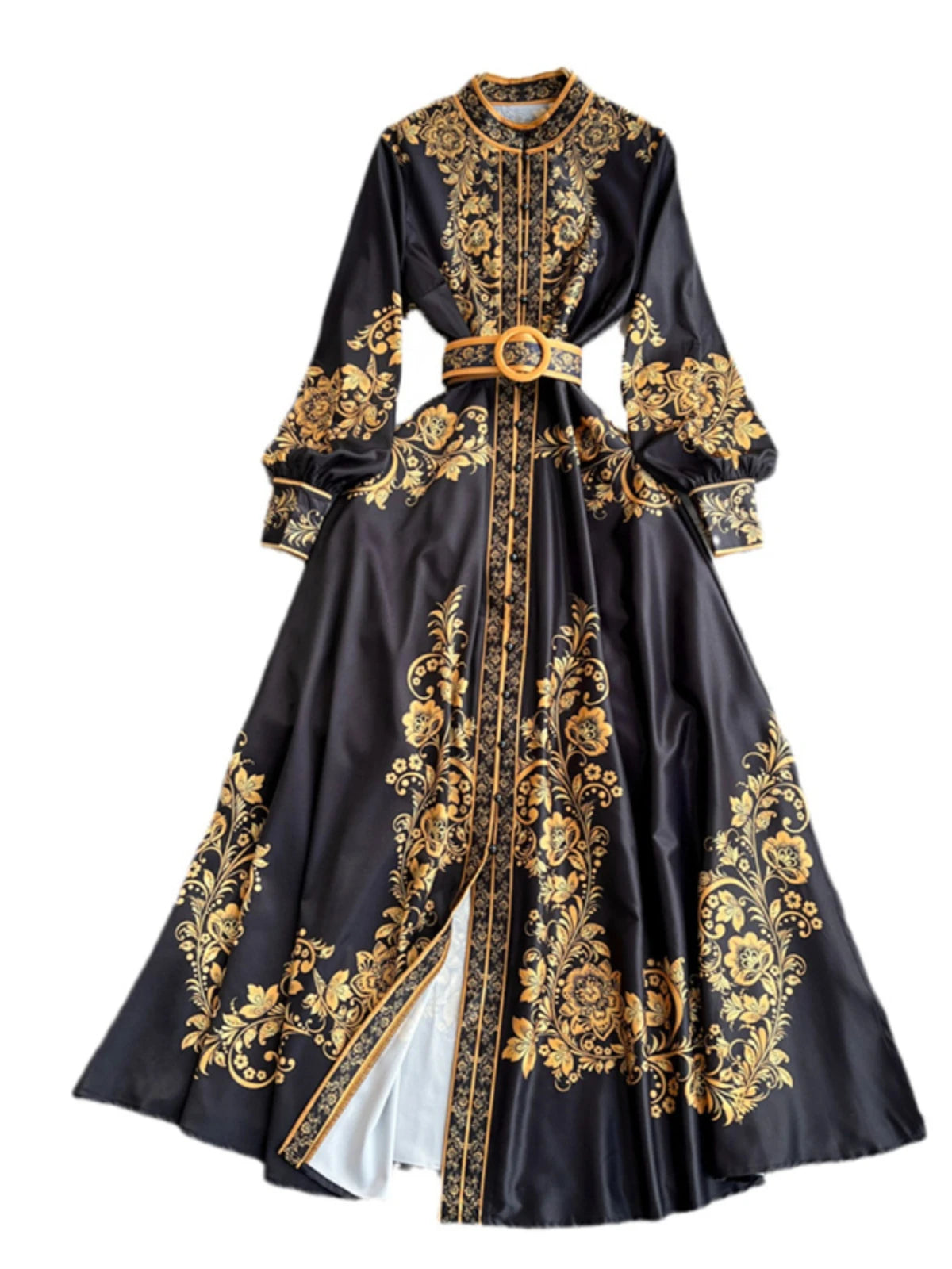 Spring Maxi Belt Dresses for Women Chic Vintage Printing Robe Femme Stand Neck Tunic Lantern Sleeve Dress 2024 Vestidos De Mujer