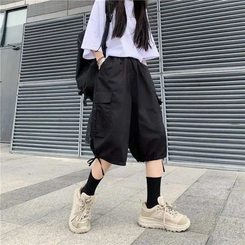 Zoki Streetwear Harajuku Oversize Bf Cargo Shorts Hip Hop Fashion High Waist Women Big Pockets Casual Shorts Summer Loose Shorts