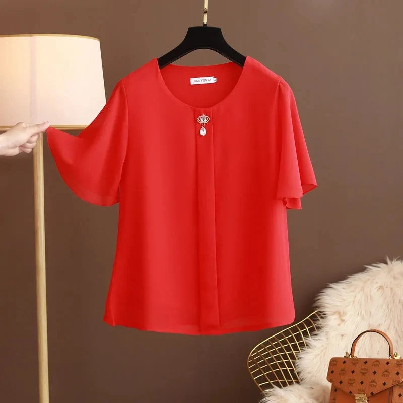 Women Blouse And Tops Summer Short Sleeve Chiffon T-shirt Middle Age Female Fashion Pullover Tshirts Shirts Large Size L-6XL