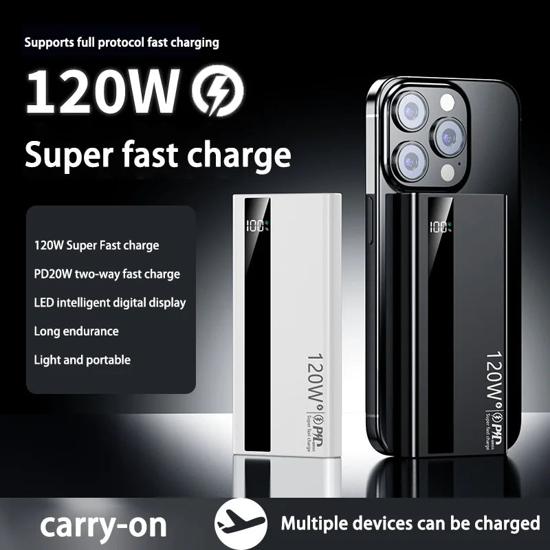 120W 50000mAh Power Bank High Capacity Digital Display Fast Charging Powerbank Portable Battery Charger Type C For iPhone